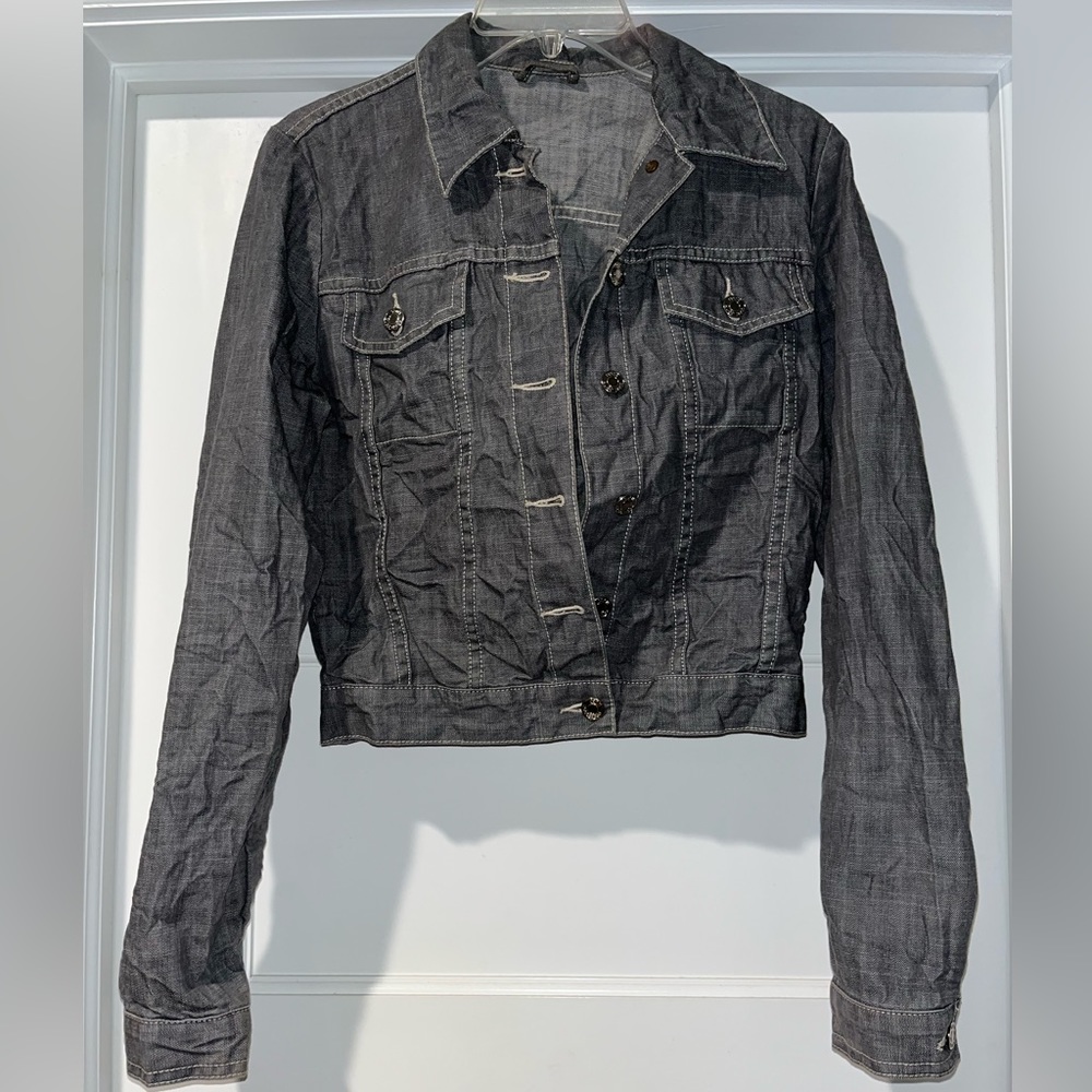 Hugo Boss jean jacket, crinkled gray fabric, silver buttons